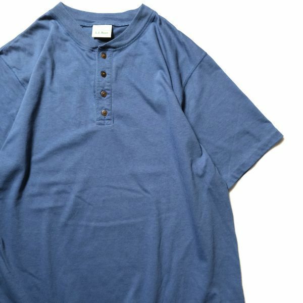 90's LLビーン ソリッドカラー ヘンリーネック コットン Tシャツ 青系 (M位) 半袖 90年代 旧タグ オールド LLBEAN