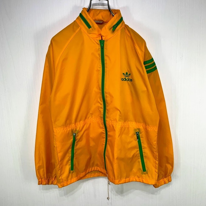 70S デサント製 adidas ナイロン ジャケット Sサイズ オレンジ グリーン アディダス トレフォイル ロゴ ヴィンテージ 70年代 ビンテージ