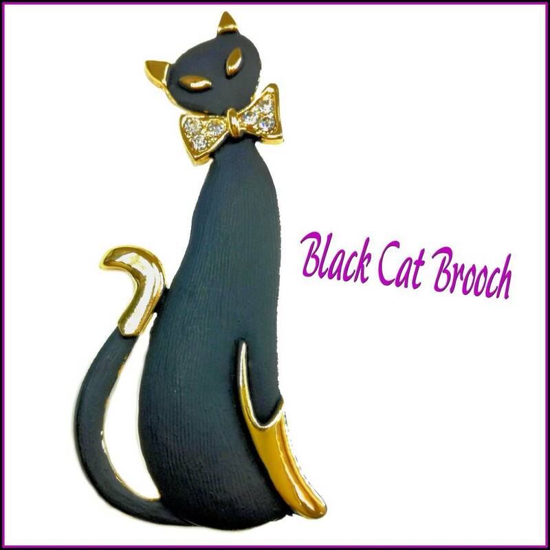 黒猫 ブラックキャット Black Cat ブローチ ネコ ニャンコ アニマル 動物 ロカビリー ヴィンテージ 金色 首リボン クール ラインストーン 