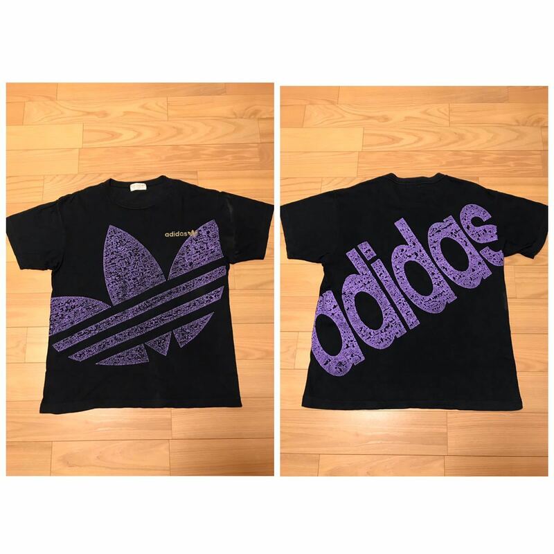 ☆デサント製／～90s adidas・オールドアディダス サイズL-O 希少.両面BIGロゴプリント入 半袖Tシャツ オリジナルビンテージ 三つ葉 90年代