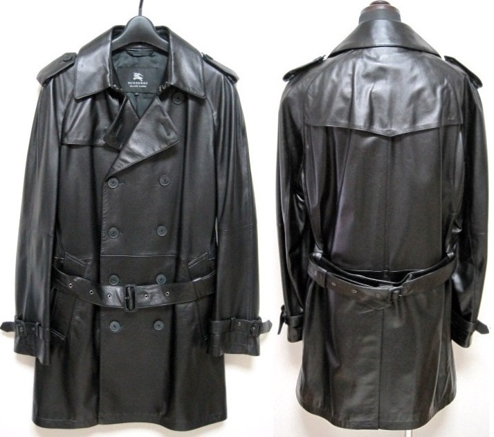 サイズ L 極美品 BURBERRY BLACK LABEL 限定 最高級 ラムレザー トレンチ コート 黒 ジャケット プローサム 48バーバリー ブラックレーベル
