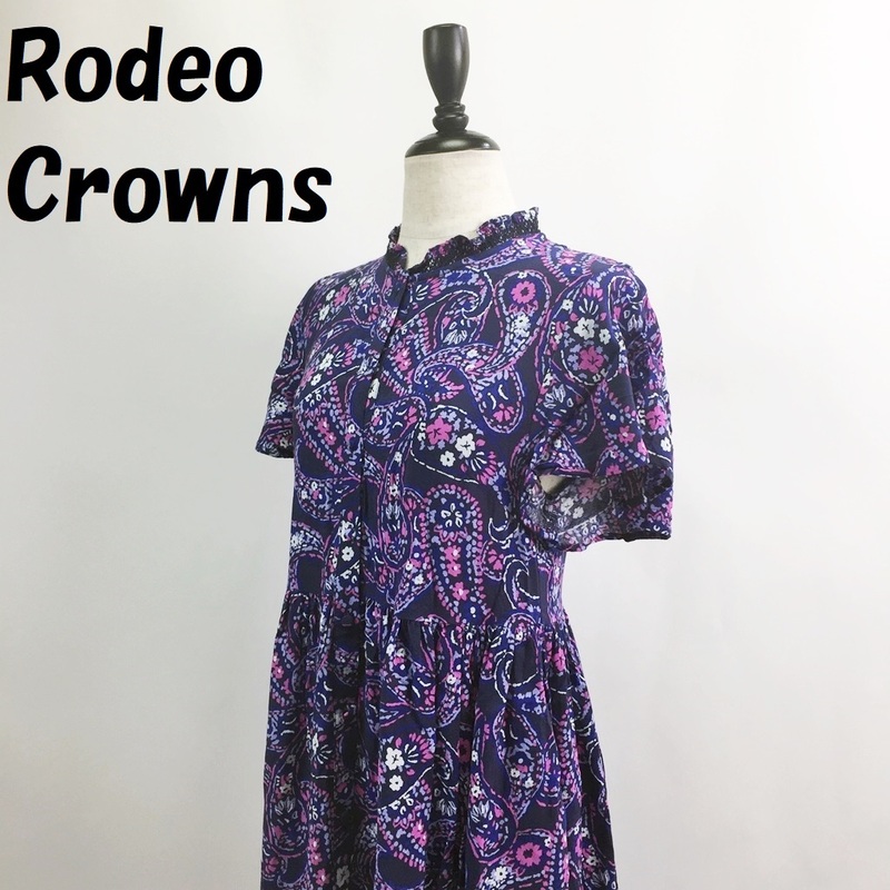 【人気】Rodeo Crowns/ロデオクラウンズ 総柄 花柄 半袖 ワンピース 膝下丈 マルチカラー ネイビーベース サイズF/S2237