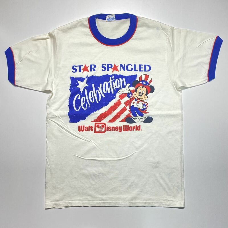 【L】80s Disney Mickey Star Spangled Mouse Print Tee 80年代 ディズニー ミッキーマウス 星条旗 プリント 半袖 Tシャツ USA製 G952