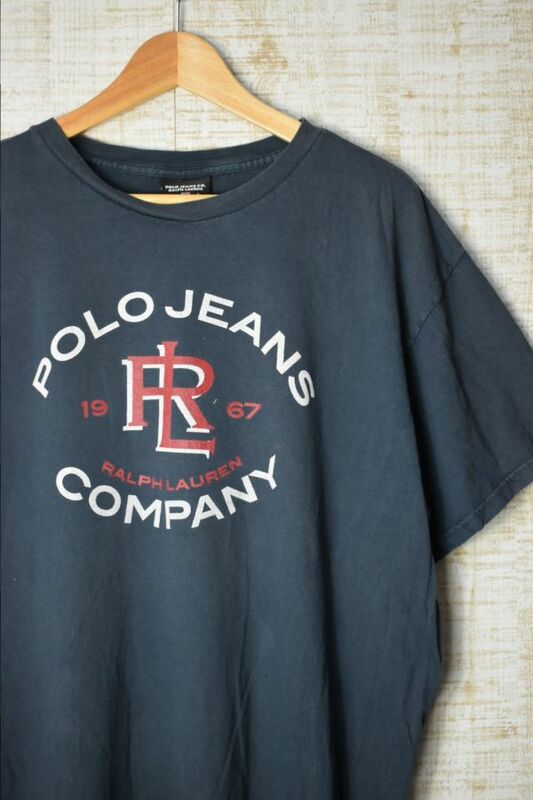 ☆US古着 POLO JEANS Ralph Lauren ラルフローレン プリント Tシャツ ネイビー紺【L】コットン 訳アリ　　　　　◆3069◆