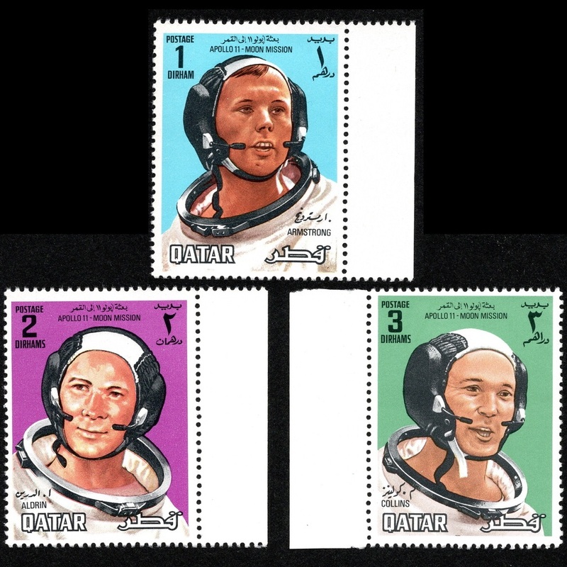 郵便切手 カタール QATAR 「アームストロング 1DIRHAM」「オルドリン 2DIRHAM」「コリンズ 3DIRHAM」 アポロ11号月面着陸 宇宙飛行士 Stamp