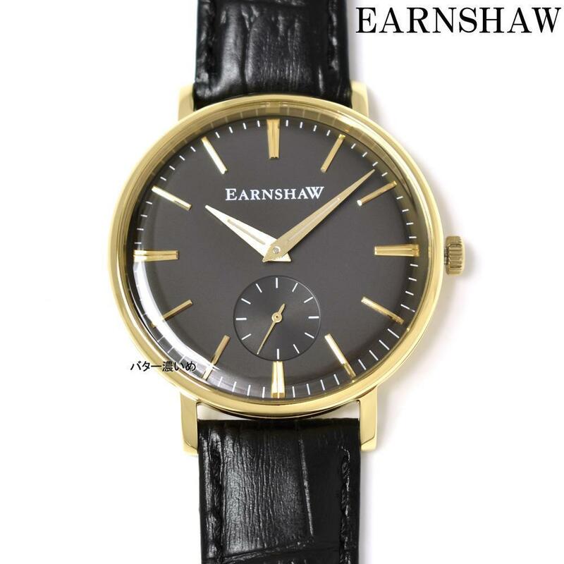 EARNSHAW 腕時計 メンズ クオーツ ブラック革ベルト レザーベルト ES-8078 スモールセコンド グレー×ゴールド文字盤 新品