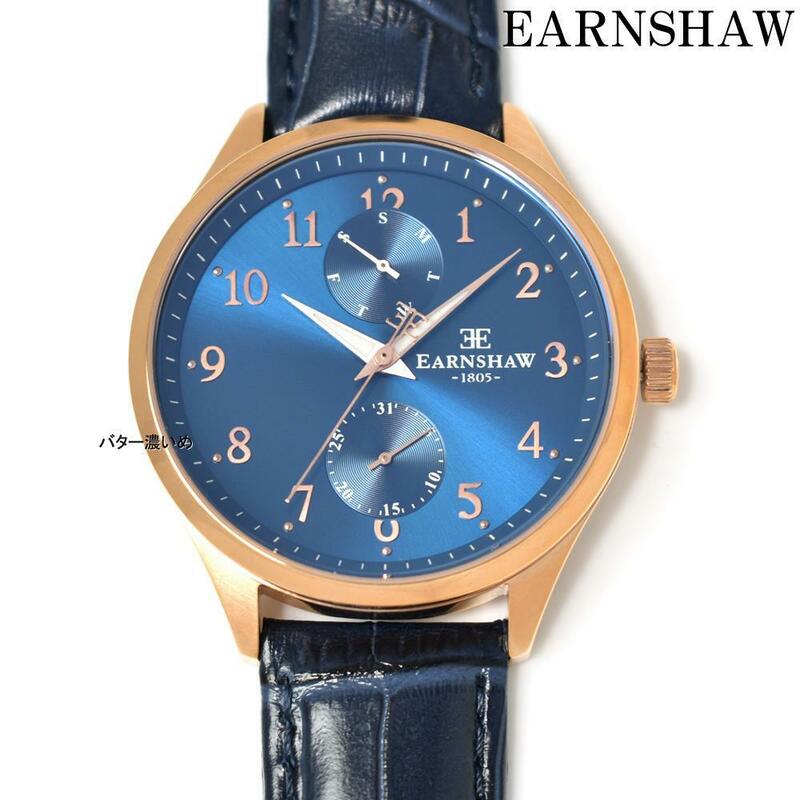EARNSHAW 腕時計 メンズ クオーツ ネイビー革ベルト レザーベルト ES-8079 クラシック ネイビー×ローズ文字盤 新品