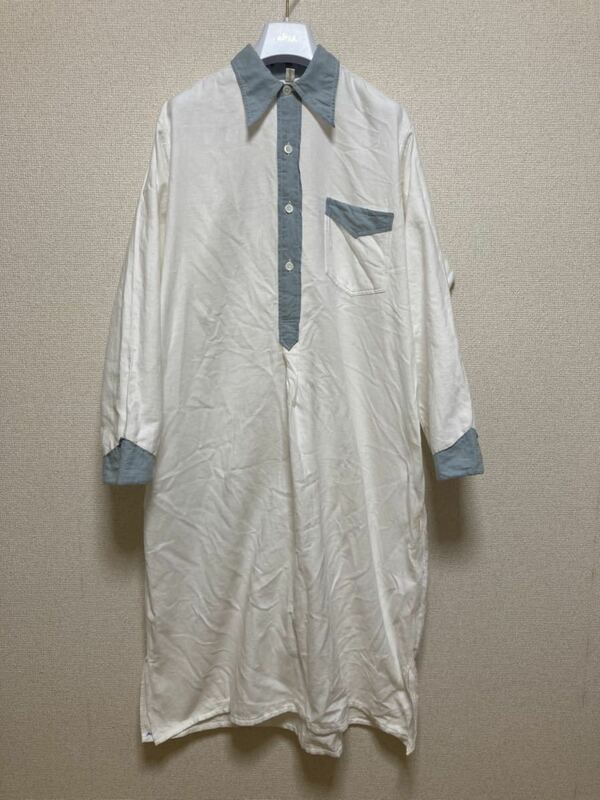 50's 60's ヨーロッパヴィンテージプルオーバーロングシャツ グランパシャツ パジャマシャツ 裏起毛 38 白×水色