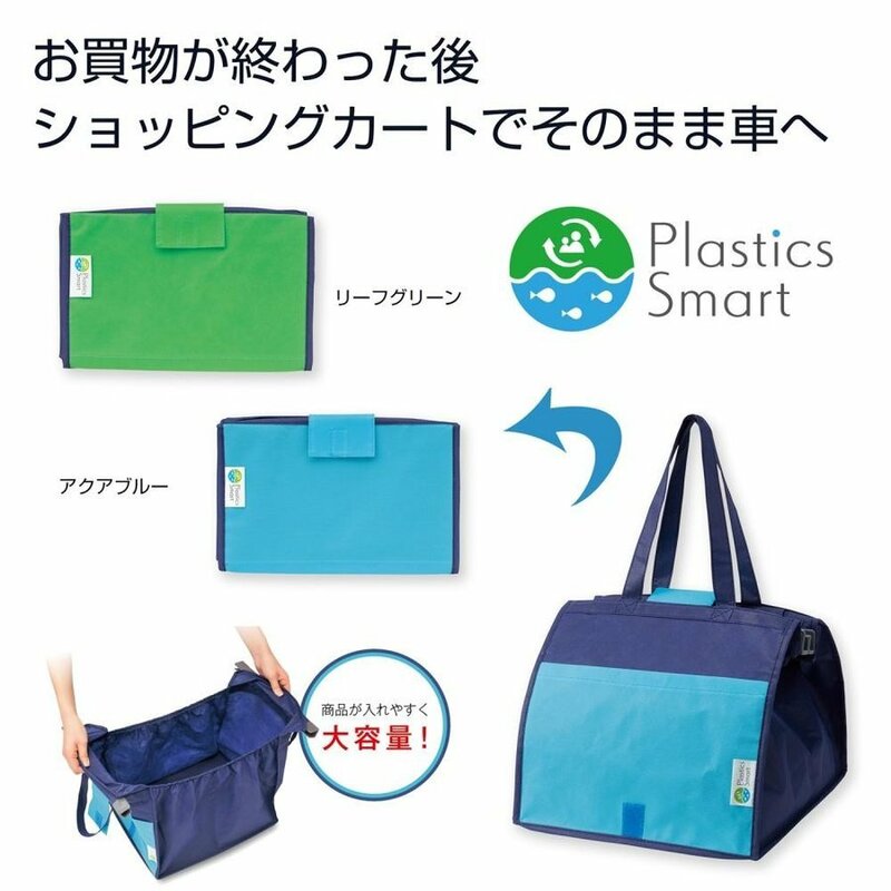 プラスチックスマート ショッピングカート バッグ エコバッグ 2点セット グリーン ブルー 無地 リメイク 大容量 コンパクト 個包装 ギフト