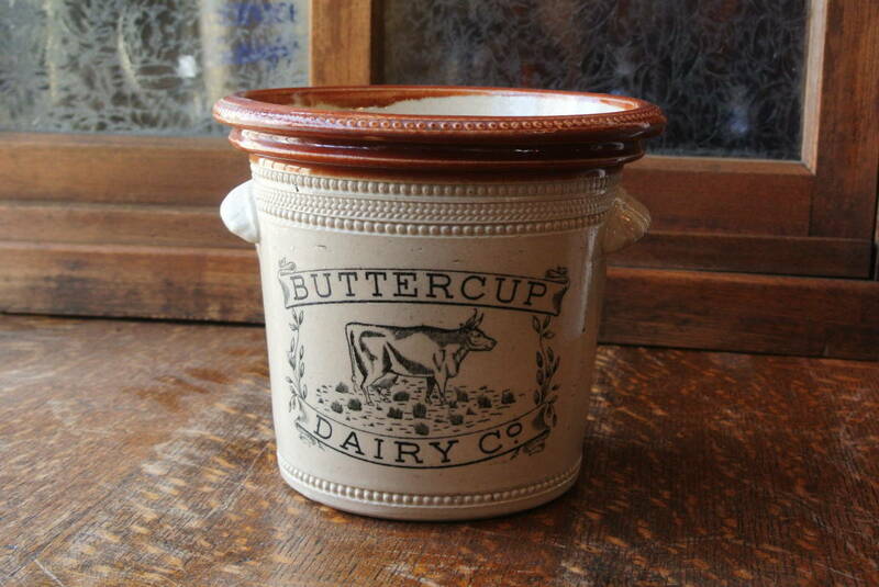 レア！英国アンティーク ストーンウェア バターカップデイリー バタークロック 壷 鉢 陶器 カントリー ビンテージ