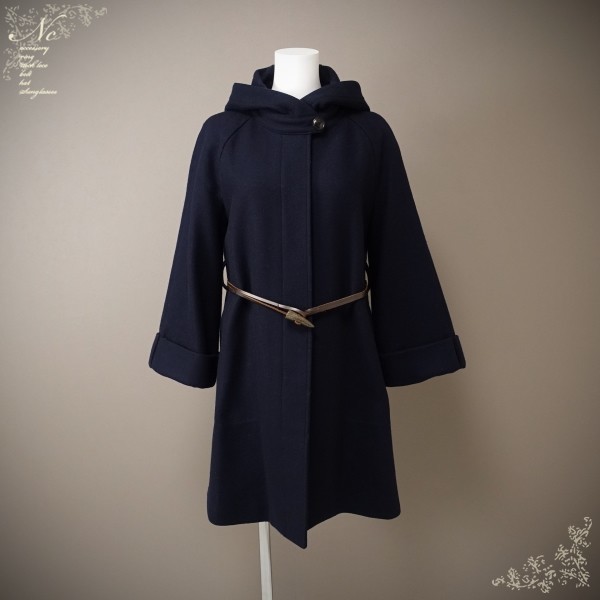 訳あり特価!USED*ADAM ET ROPE'/アダムエロペ/36/S相当/トグルボタンベルト付きフーデットウールコート/アウター/ネイビー/紺/デイリー