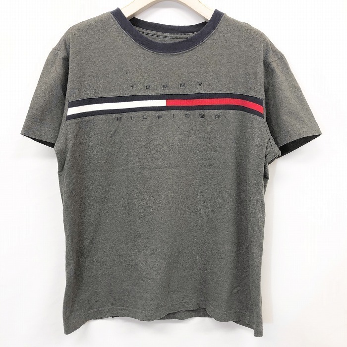 TOMMY HILFIGER トミーヒルフィガー M メンズ 男性 Tシャツ カットソー ロゴ刺繍 丸首 クルーネック 半袖 綿100% ヘザーグレー 杢灰色