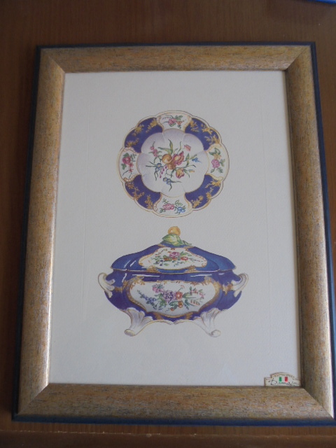 イタリア製輸入雑貨　額絵　皿とスープ窯　絵付け陶器　美しい絵付け　