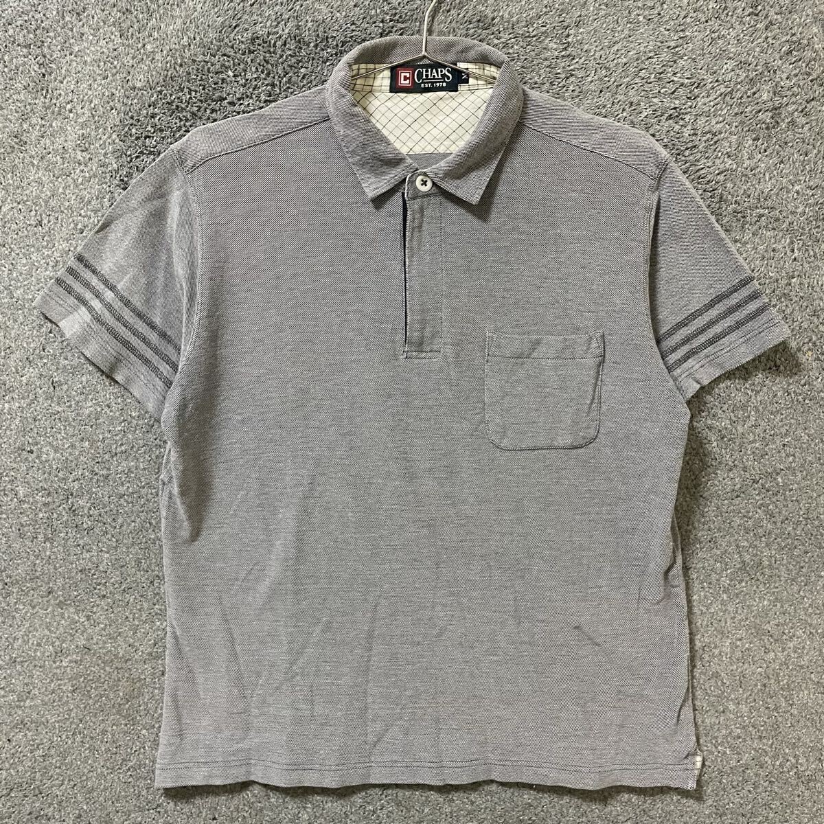 【K青】CHAPS チャップス 半袖ポロシャツ 半袖シャツ 鹿の子 サイズM グレー チャック 胸ポケット チェック柄襟 メンズ トップス 最落なし