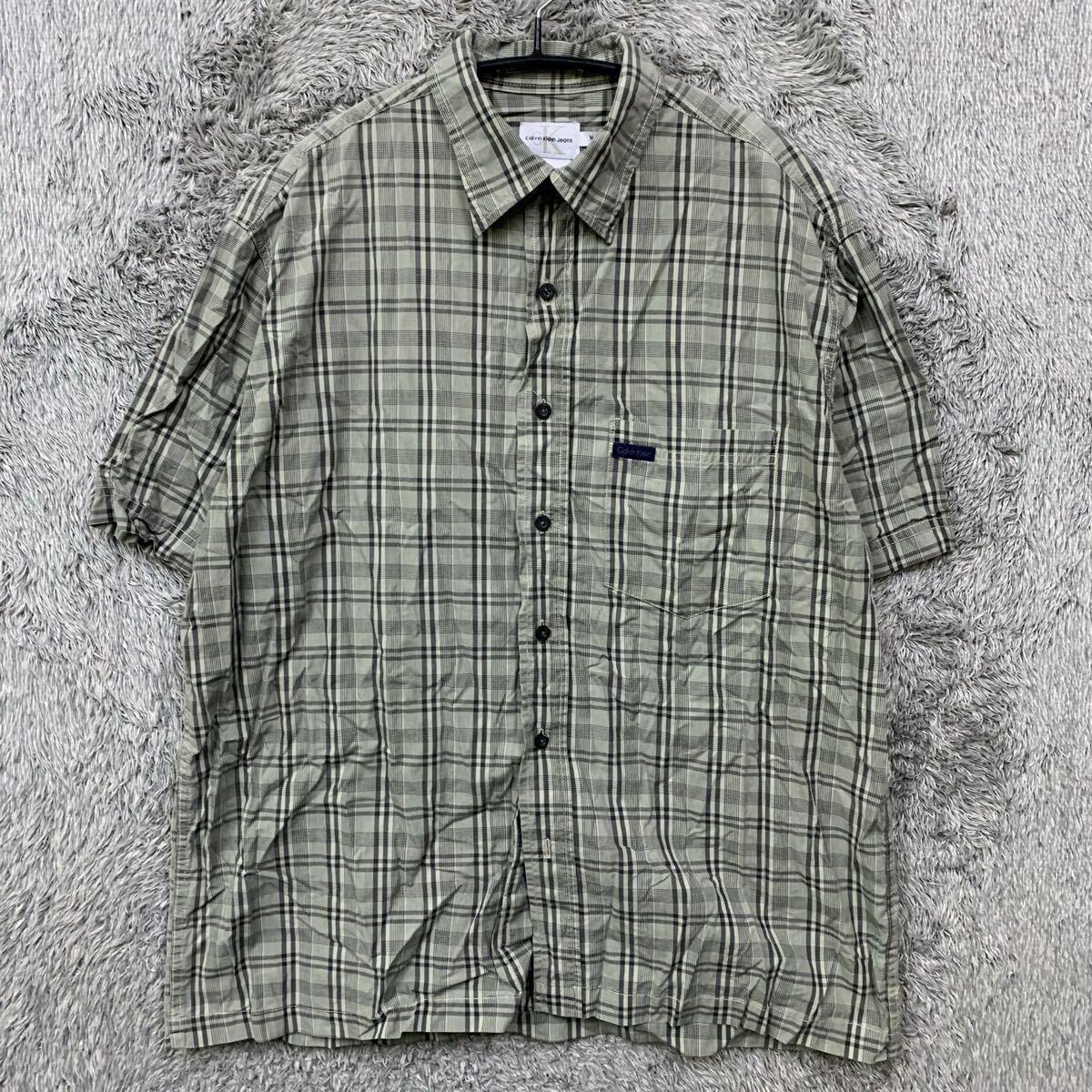 【Kピ】CALVIN KLEIN JEANS カルバンクラインジーンズ チェック半袖シャツ サイズM カーキ 胸ポケット メンズ トップス 最落なし
