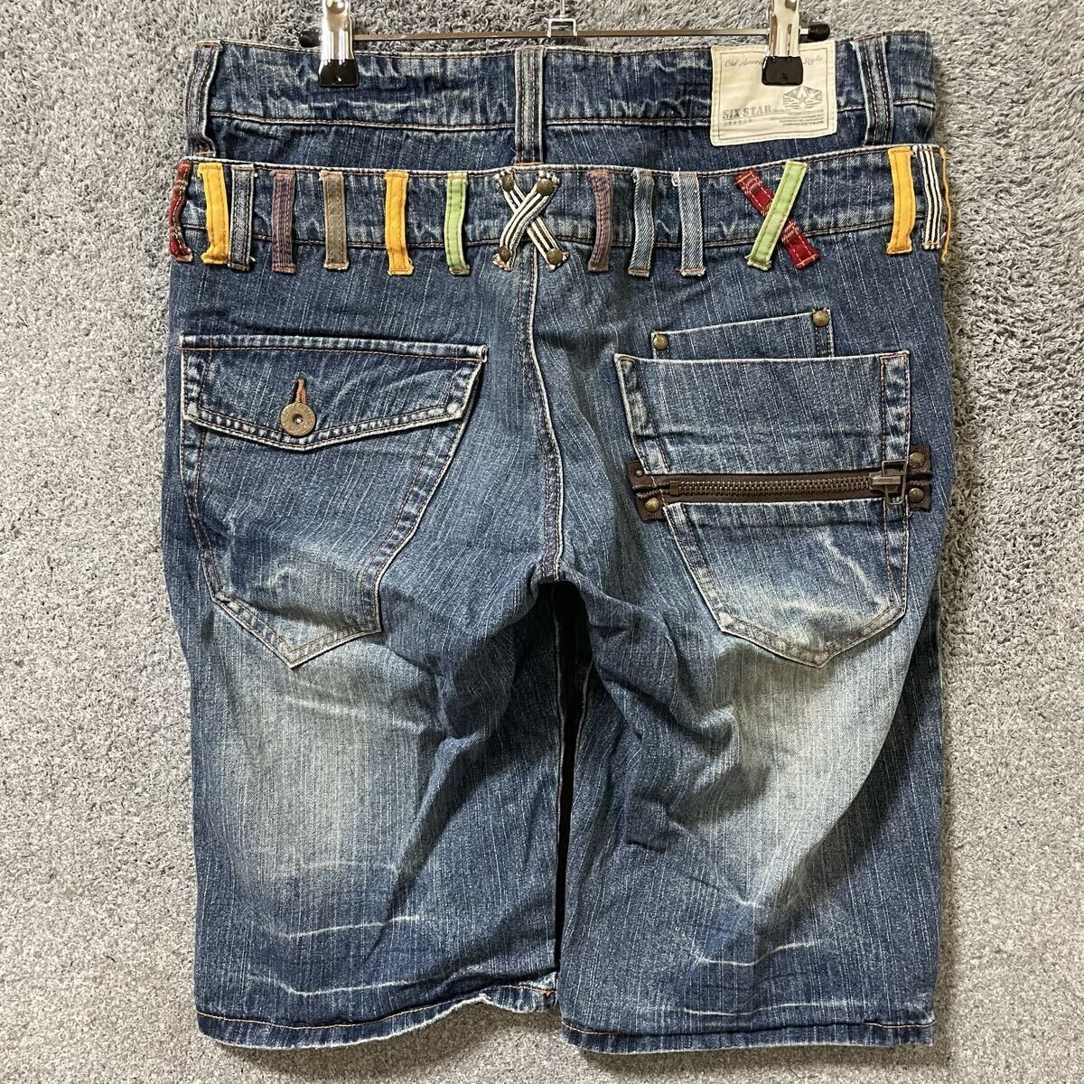 【Gオ】UNKNOWN アンノウン デニムハーフパンツ サイズ85 ブルー マルチカラー装飾 90s 00s Y2K メンズ ボトムス 最落なし