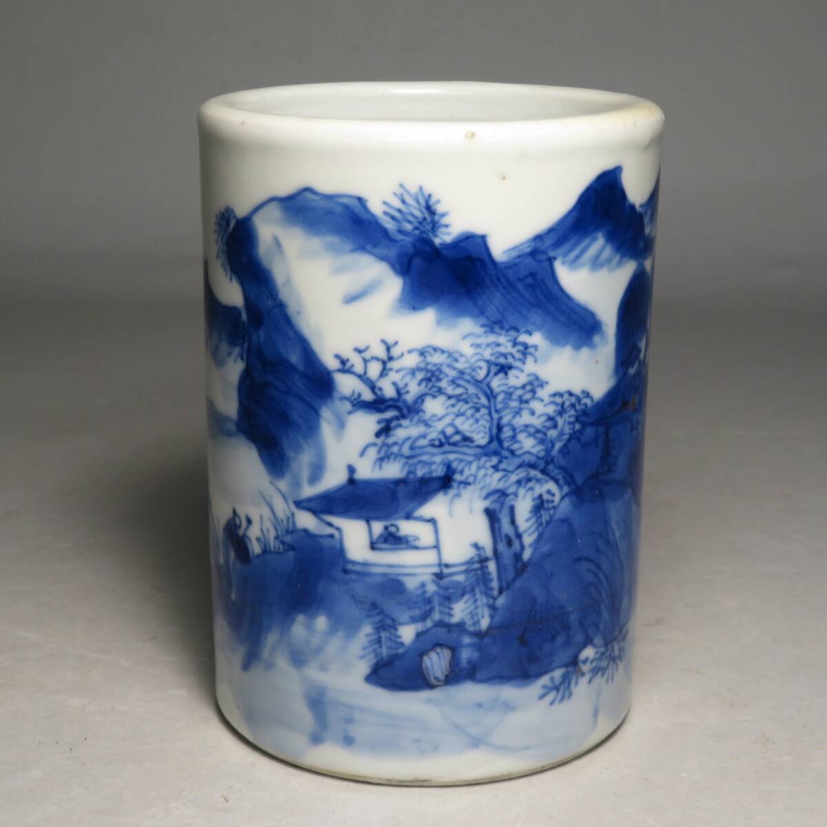 【東】清時代　青花山水人物文筆筒　中国美術/古美術・骨董品　lot:73130