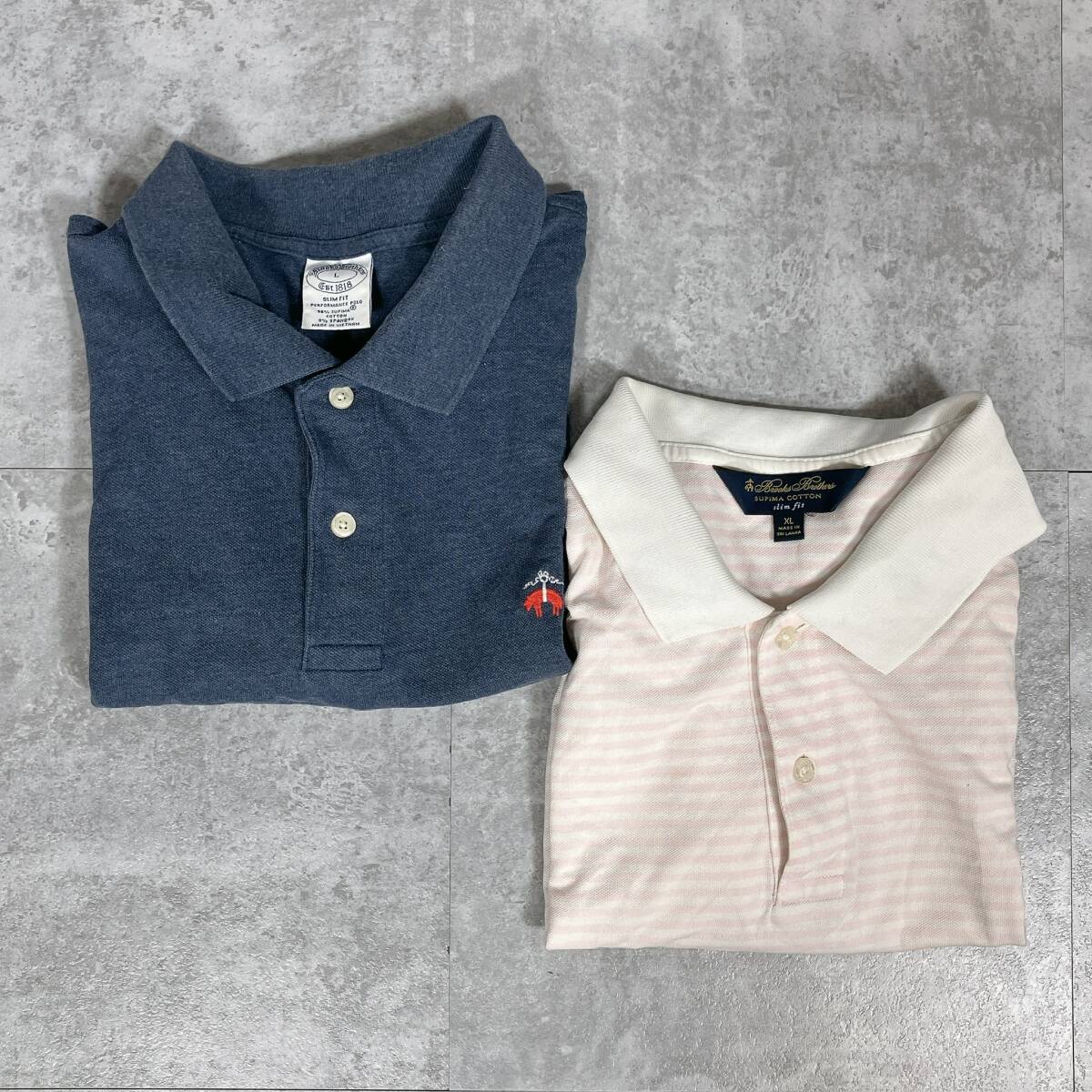 N391−5/05◯ Brooks Brothers ブルックスブラザーズ ポロシャツ 半袖 襟付き ボタン ストライプ ボーダー ネイビー 紺色 ピンク 