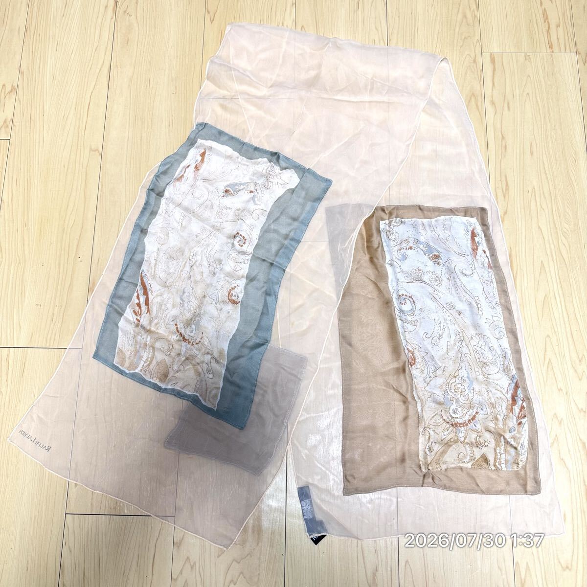 vintage Ralph Lauren ラルフローレン 額縁 ペイズリー柄 SILK シフォン生地 シルクストール スカーフ