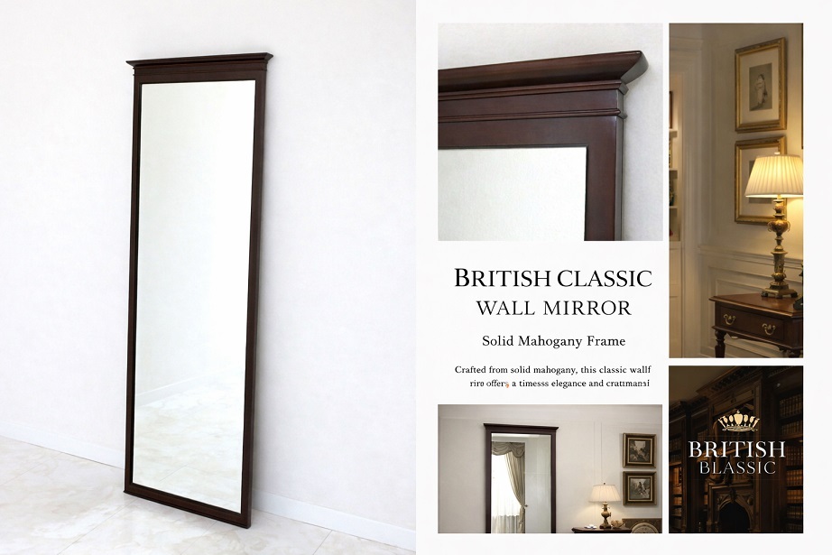 英国クラシックスタイル マホガニー材ウォールミラー Ｗ50ｃｍ×Ｈ140ｃｍ 壁掛けミラー/壁面ミラー/姿見/ドレッサー/鏡