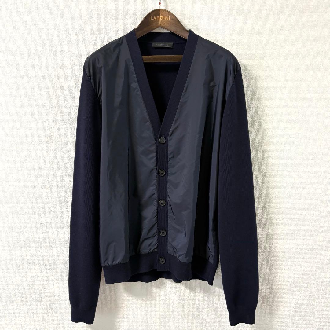 未使用級 PRADA プラダ ナイロン切替 カーディガン 50 XL ネイビー ニット ジャケット　ブルゾン　セーター　メンズ　バッグ 財布 ビジネス