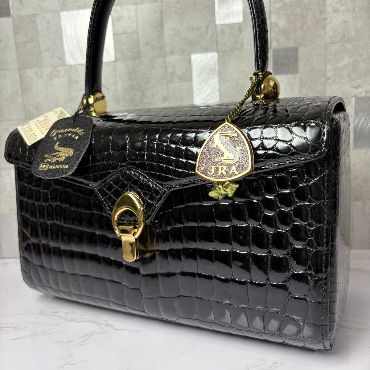 JRA MARIONA クロコダイル ハンドバッグ シャイニング センター取り 未使用 ワニ革 ブラック ゴールド金具 ボストンバッグ トートバッグ