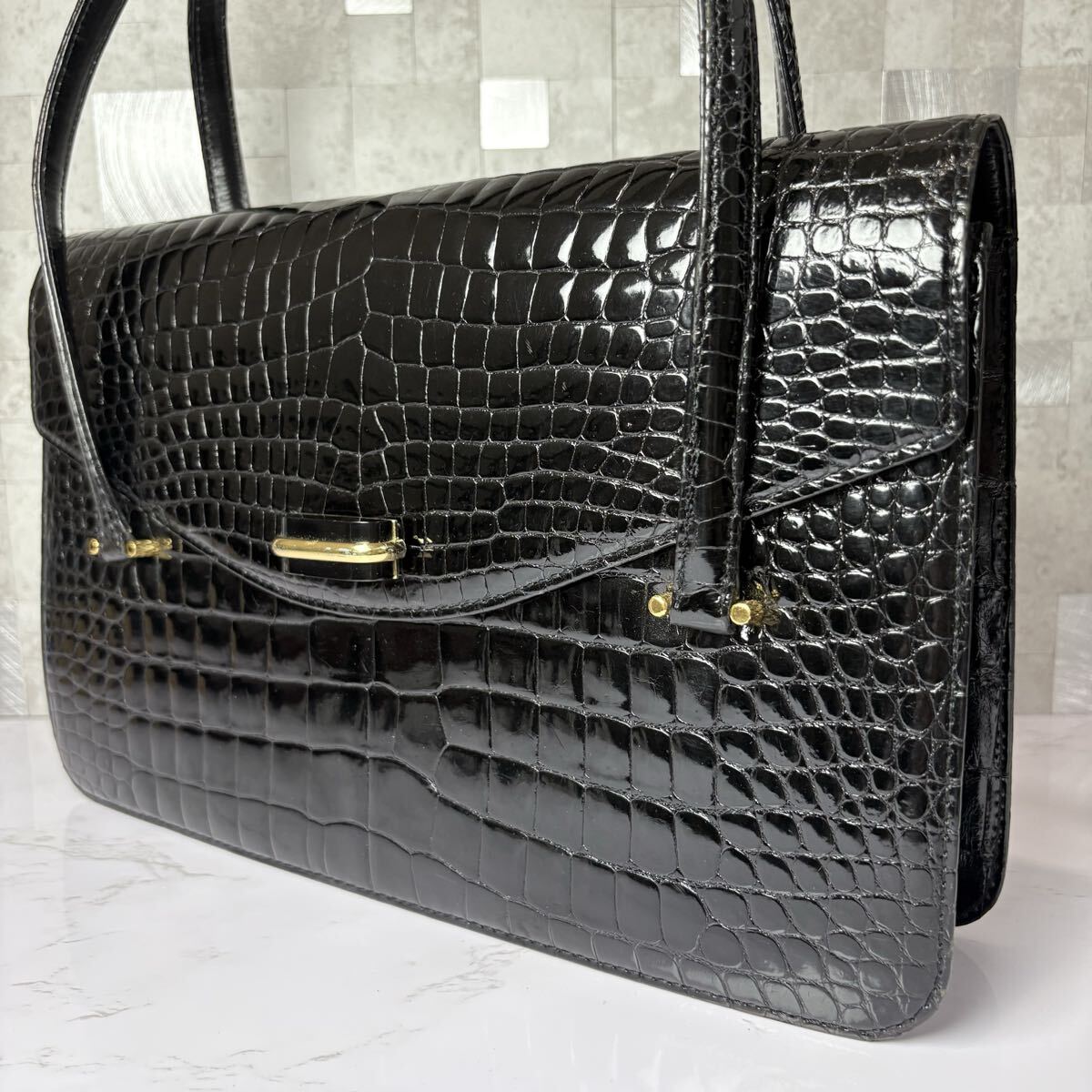 クロコダイル CROCODILE シャイニング ハンドバッグ トートバッグ ブラック センター取り ワニ革 フォーマル ゴールド金具