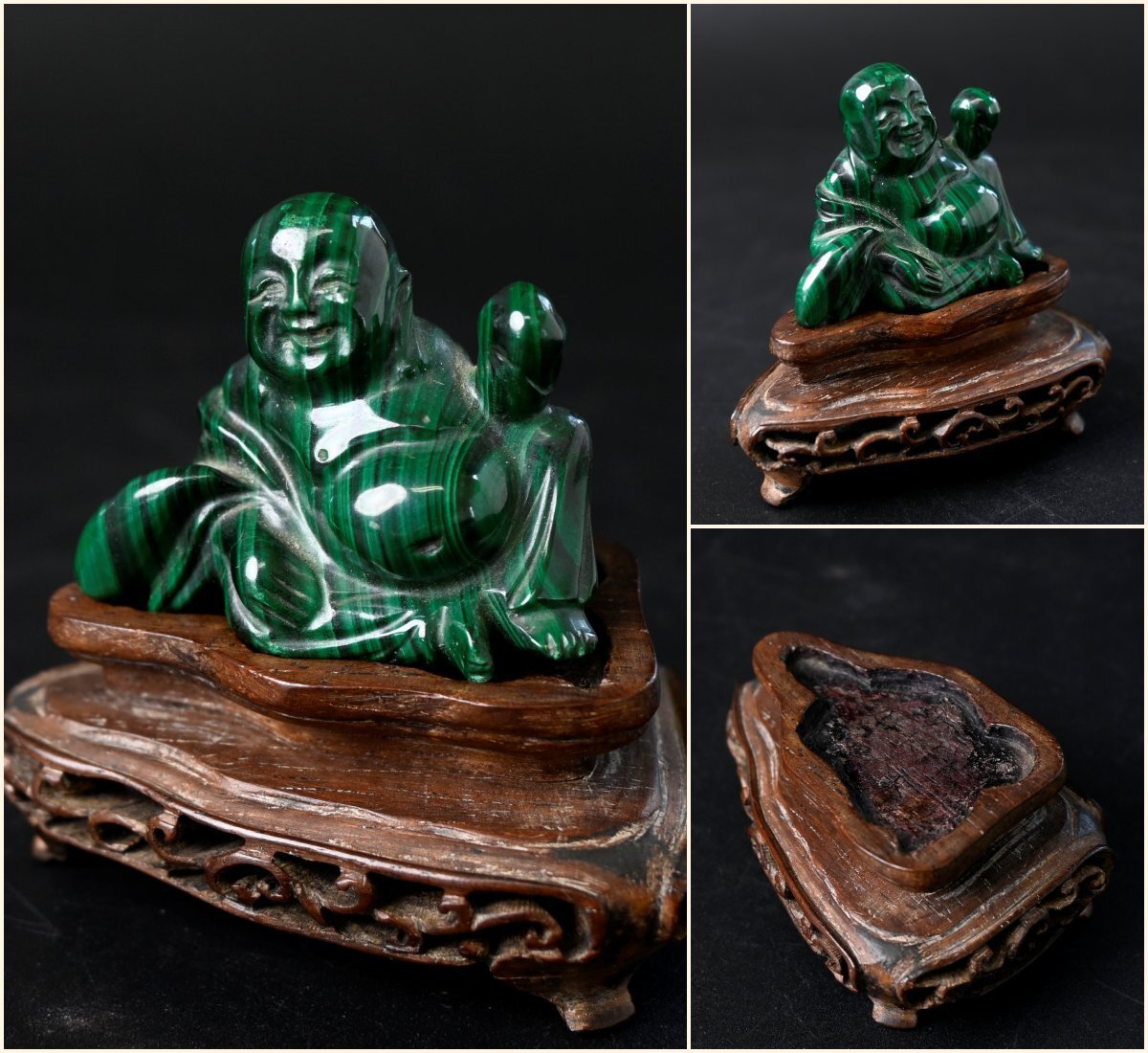 古い中国製「孔雀石 布袋」台座アリ　置物　唐物　中国美術工芸品