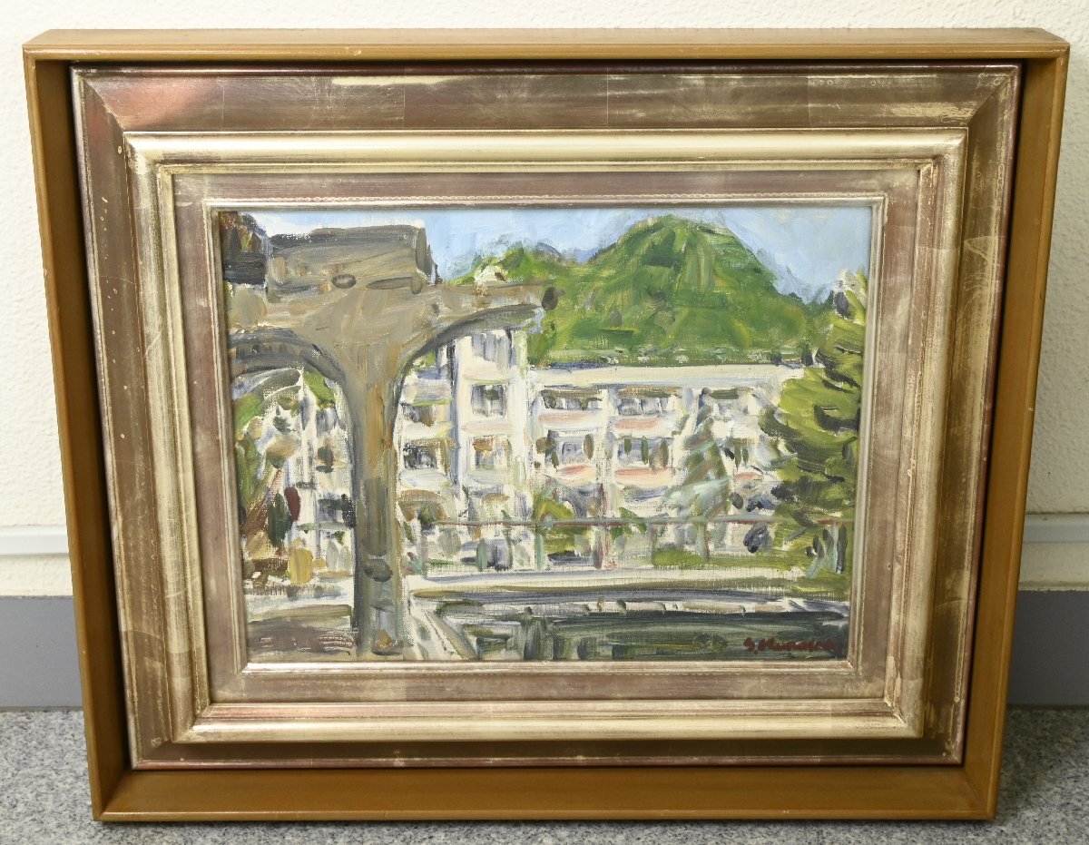 【真作】『黒崎志郎』徳島県展審査員「城南高校プールサイド」油彩　キャンパス　額装　書画　洋画