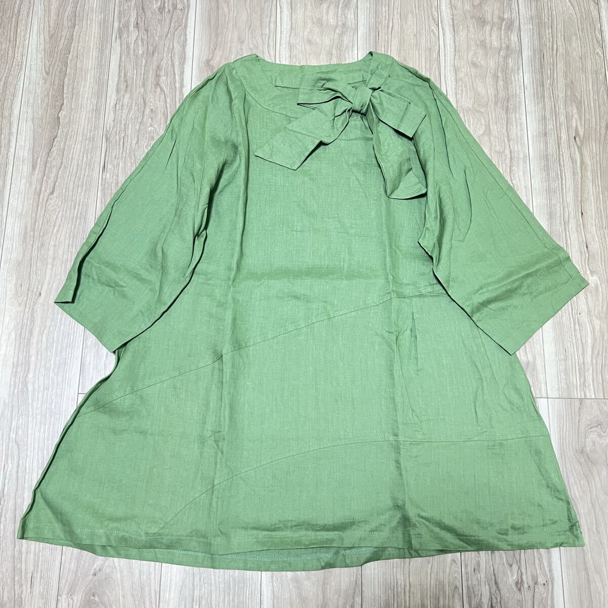 ★送料360円★リネン100% 美品 Philan フィラン 9部袖 チュニックワンピース 黄緑 グリーン系 レディース 春夏 麻 ゆったり R-9551