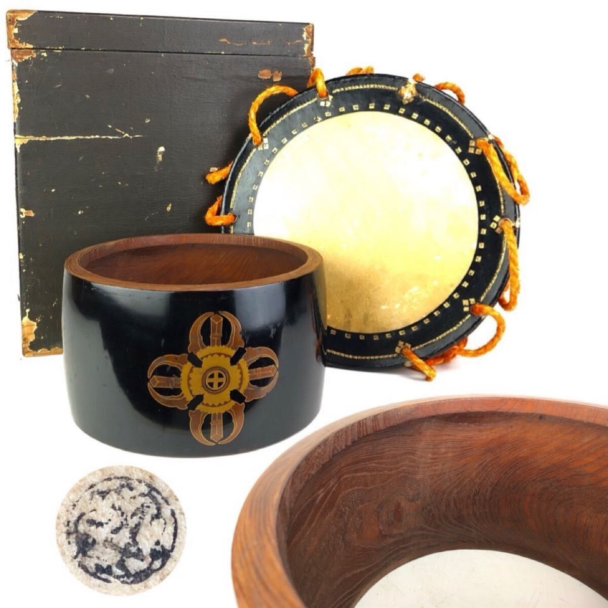 時代 和楽器 十字金剛図 蒔絵 締太鼓 皮在印 能楽 神楽 日本舞踊 時代品 元箱 【3 231030 2】d