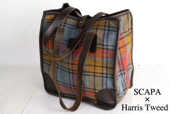 SCAPA レザー ×ハリスツイード トートバッグ 中古 アメカジ 古着 バック 鞄 メンズ レディース ヴィンテージ ビンテージ オールド 牛革