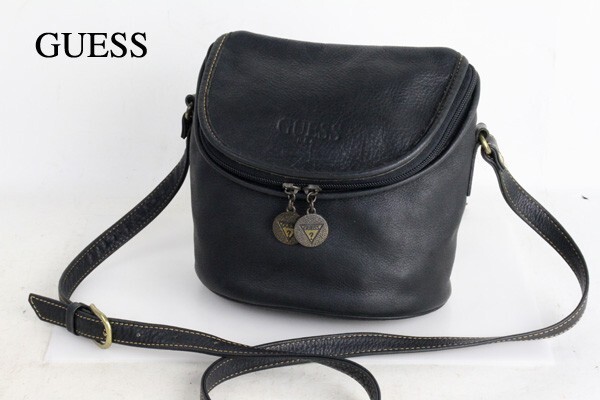 GUESS ゲス レザー ショルダー バッグ 中古 アメカジ 古着 バック 鞄 黒 メンズ レディース ヴィンテージ ビンテージ オールド 中古 牛革