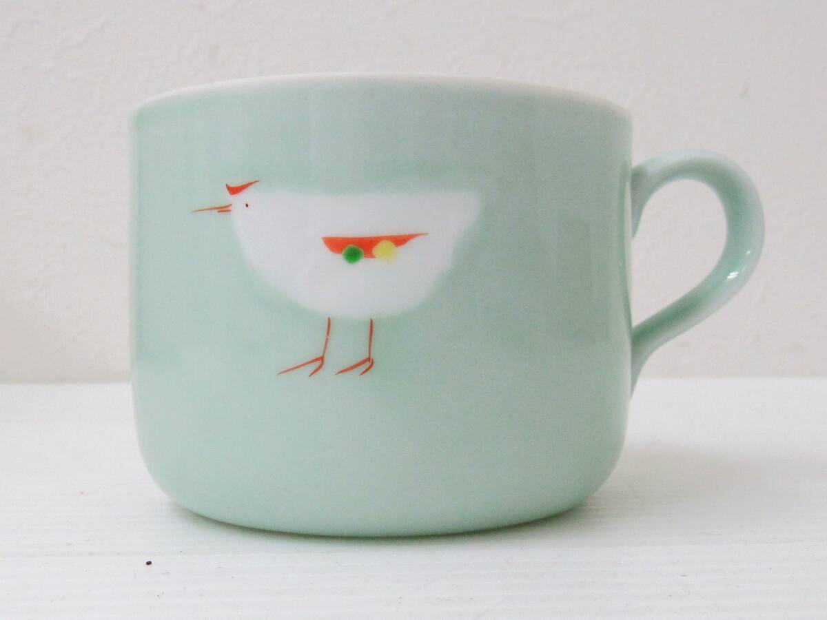 波佐見焼 永峰窯 鳥モチーフ スープマグカップ 手書き銘 ミントグリーン 北欧風 とり スープマグ マグ 陶磁器 アンティーク