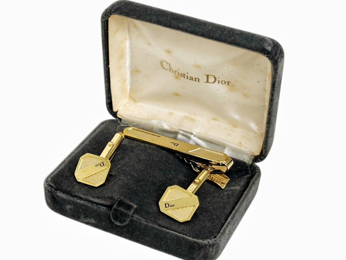 クリスチャンディオール ネクタイピン カフスボタン セット ゴールド Dior ロゴ 刻印 カフリンクス タイバー ケース付き 紳士小物