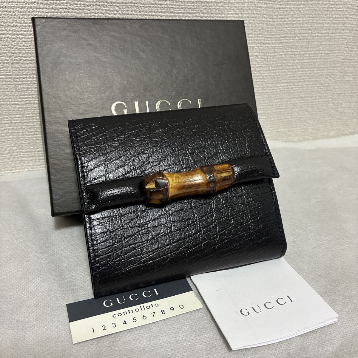 【未使用品・美品】 GUCCI グッチ 三つ折り財布 コンパクトウォレット レザー バンブー ブラック 付属品付き シリアルあり