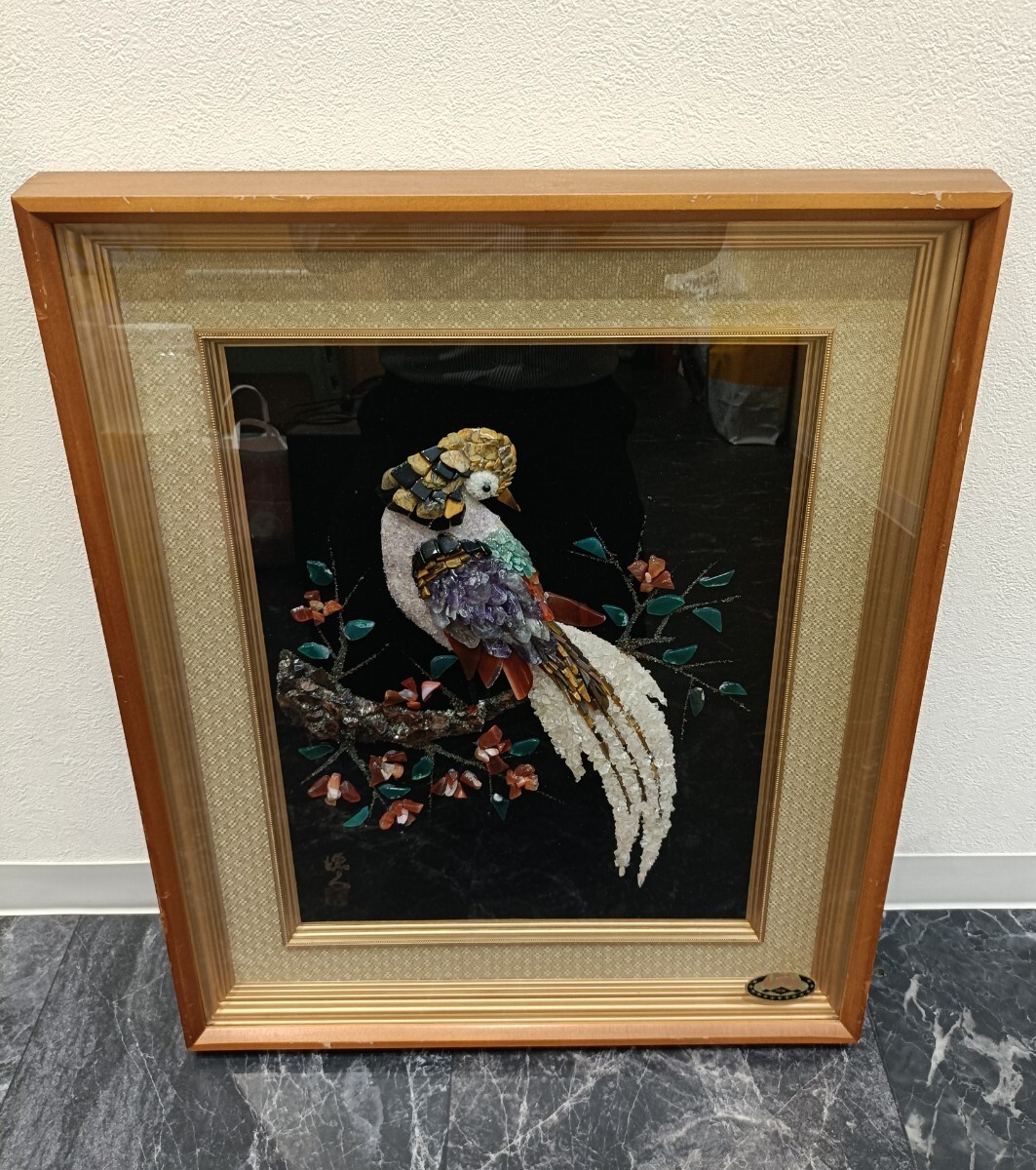 貴石画 宝石画 額装 壁掛け インテリア 絵画 鳥 花 アンティーク レトロ アート 石 ストーン 額装 現状品