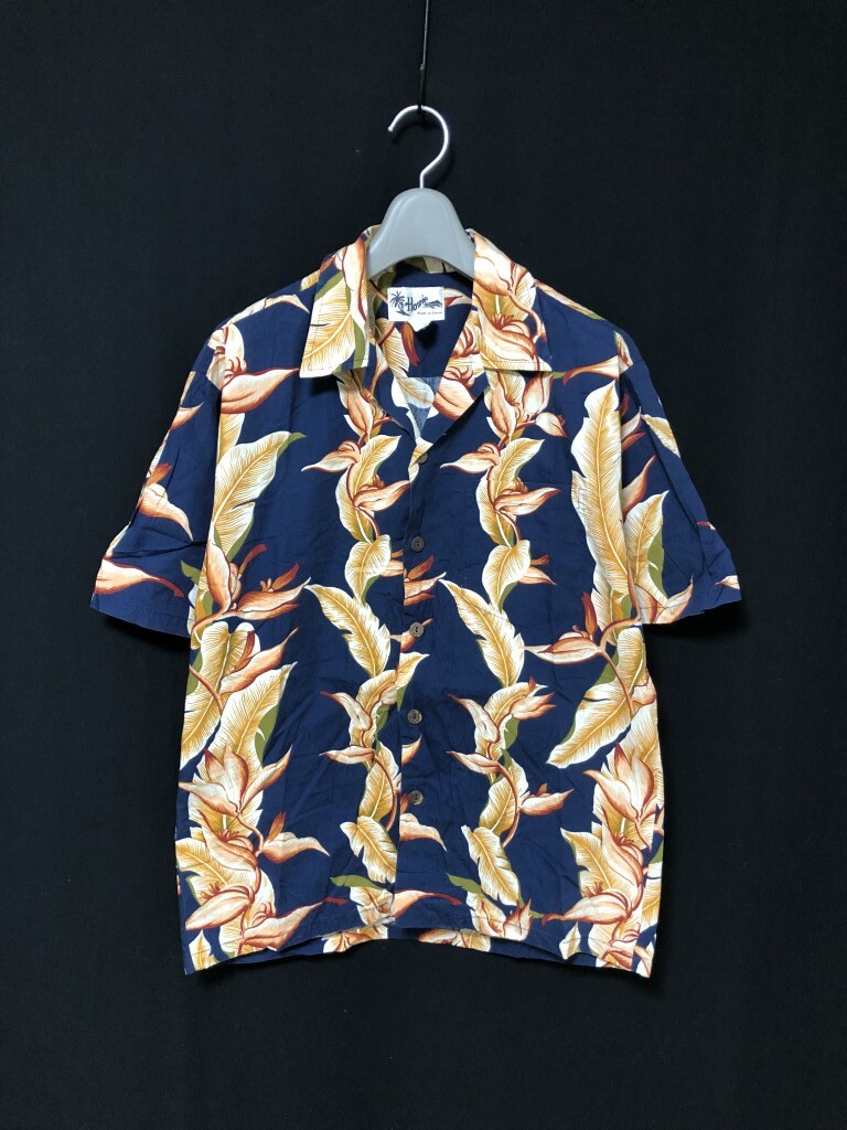 ◆Howie ハウィー Made in Hawaii コットン アロハシャツ 極楽鳥花 バードオブパラダイス 総柄 開襟 半袖 M メンズ
