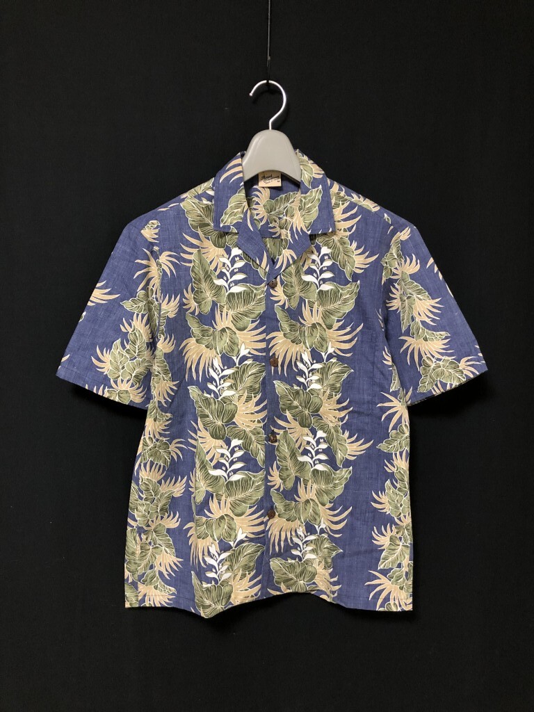 ハワイ製◆Royal Creations ロイヤルクリエーションズ Made in Hawaii アロハシャツ シャンブレー ボタニカル 総柄 開襟 半袖 M メンズ