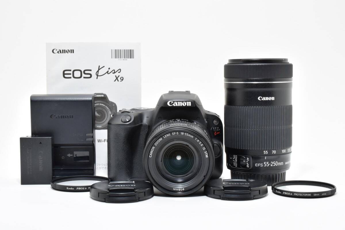 ★美品★ Canon EOS kiss X9 + EF-S 18-55mm F4-5.6 IS STM + EF-S 55-250mm F4-5.6 IS STM 完動 Wレンズセット ◆887