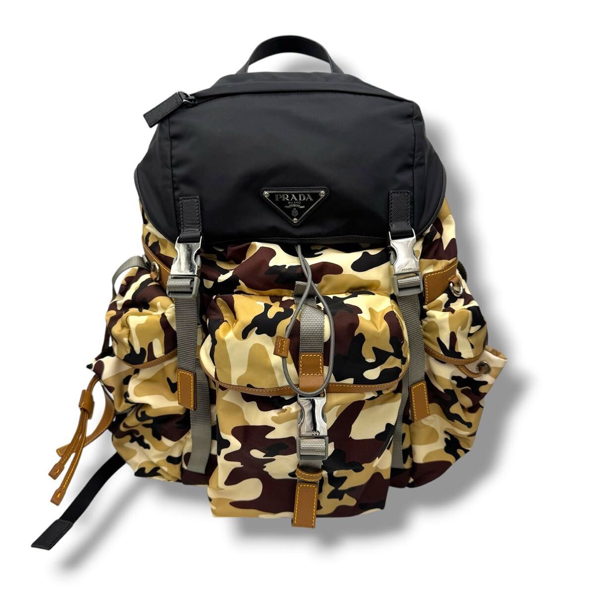 極美品 PRADA プラダ ナイロン バックパック テスート カモフラ ブラウン系 リュックサック 迷彩柄 TESSUTO CAMOFL SABBIA+NERO
