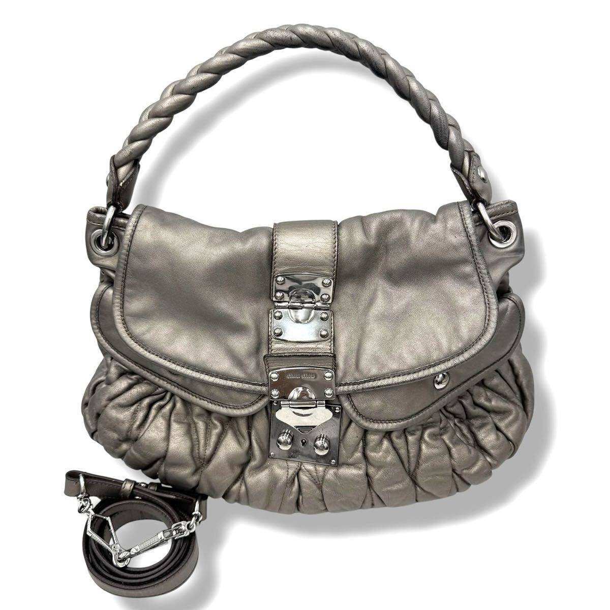MiuMiu ミュウミュウ マトラッセ プリーツ ショルダーバッグ ハンドバッグ 2WAY シルバー レザー MIU Miu