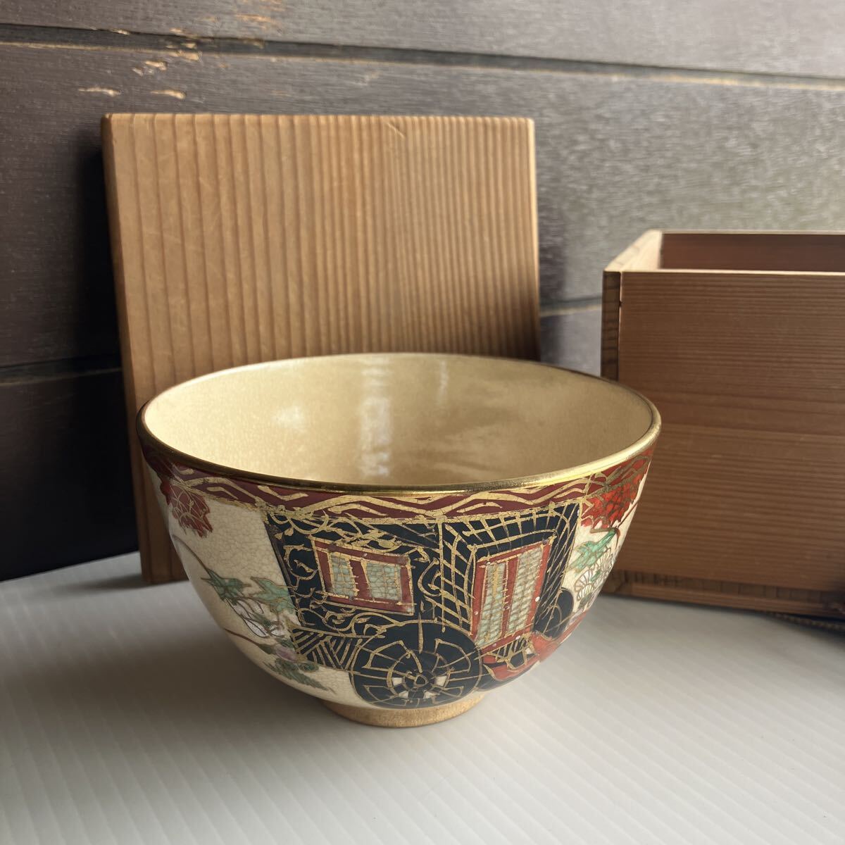仁清写し 御所車 茶碗 高さ7.5cm 直径12.5cm 重さ197g 合わせ箱 京焼 抹茶碗 茶道具 やや傷や汚れあり