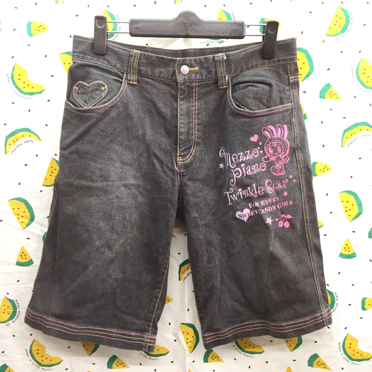 *。o♪美品【Mezzo piano For Candy Girls メゾピアノ NO.8063901-86】 ロゴデザイン キッズ デニムハーフパンツ*L（160） ナルミヤ