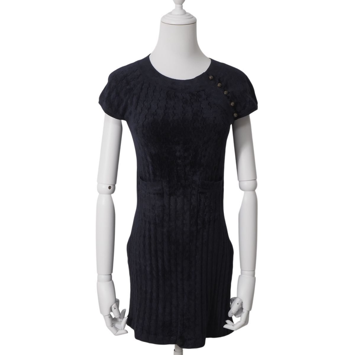 6-ZE022 シャネル CHANEL Vintage Dress Camellia ヴィンテージ カメリアボタン ワンピース ネイビー 36 レディース