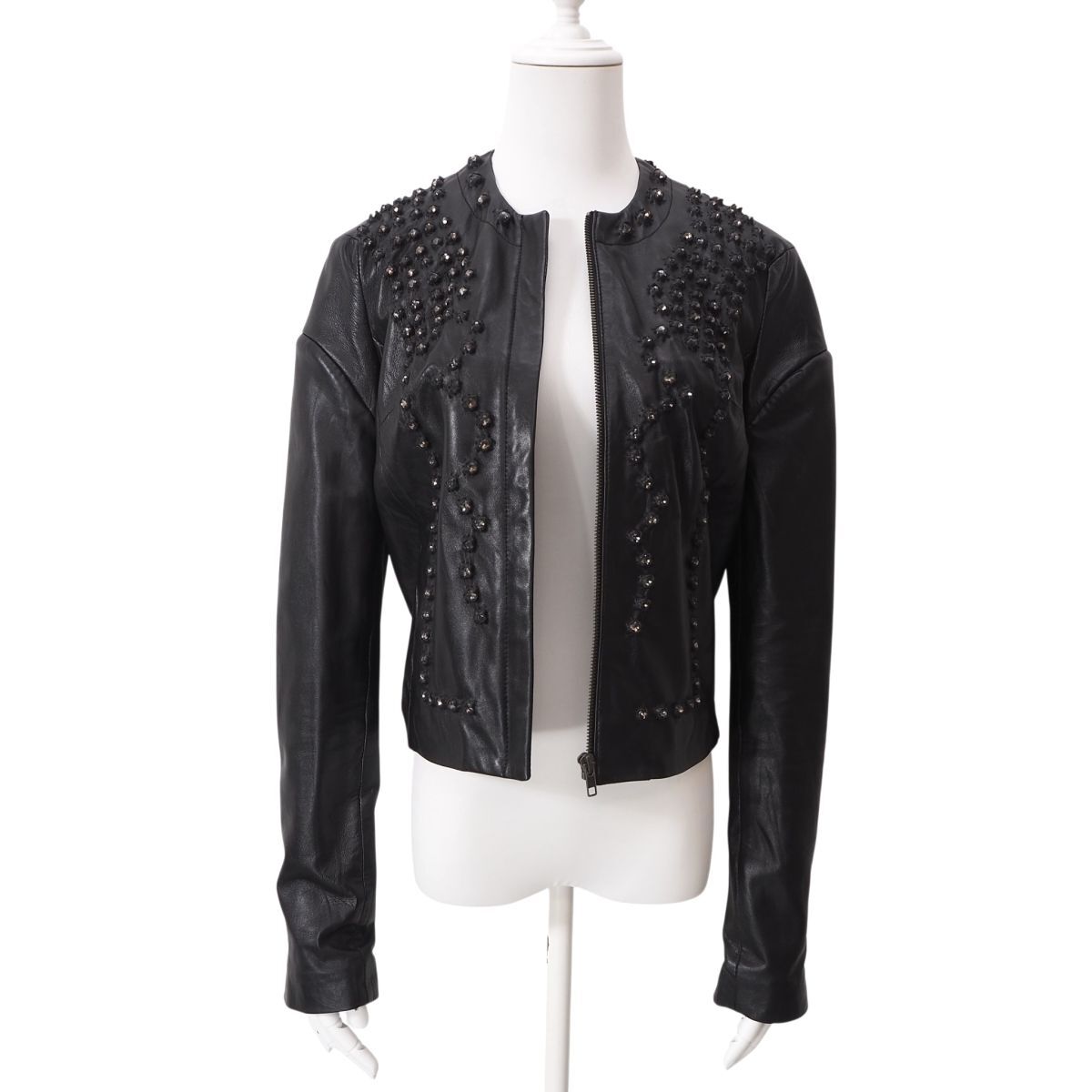 6-YA021 美品 名作 ジバンシー GIVENCHY Stones Leather Biker Jacket ストーンスタッズ レザー ジャケット ブラック 36 レディース