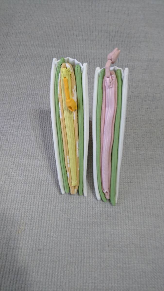 【P0017】 ハンドメイド ダブルファスナー 三角ポーチ 2個セット パッチワーク コインケース 小物入れ 一点物