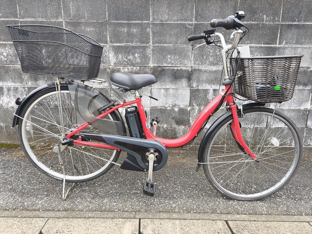T13 中古電動アシスト自転車 1円売切り！ヤマハ パスナチュラ 取説付き 充電器付き 赤色 配送エリア内は送料3800円！