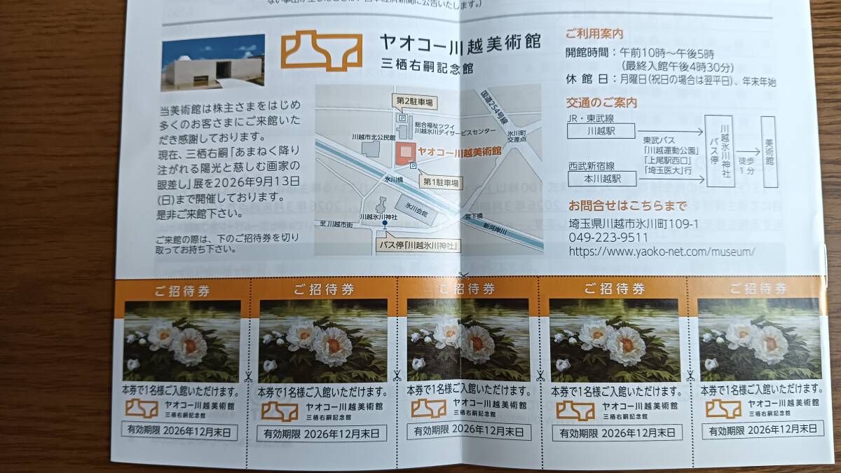 ヤオコー川越美術館 三栖右嗣記念館 ご招待券 5枚組 有効期限2026年12月末日