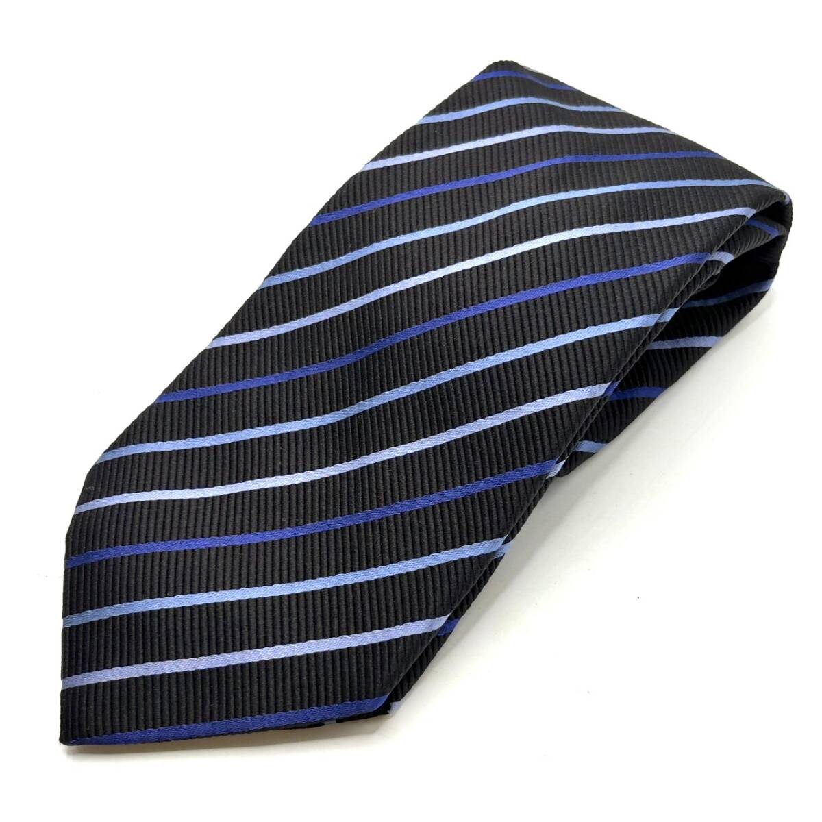 【美品】ETRO エトロ ネクタイ シルク100% ストライプ 地模様 ブラック系 ブルー系 イタリア製 メンズ B542